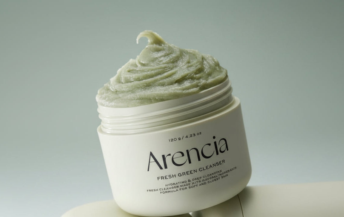 Jar of Arencia Fresh Green Cleanser with green cream on a light gray background